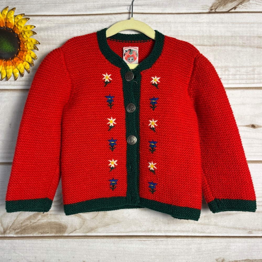 Vintage Original Lanz Austrian Folk Girls 3 Knit Sweater Flowers Buttons